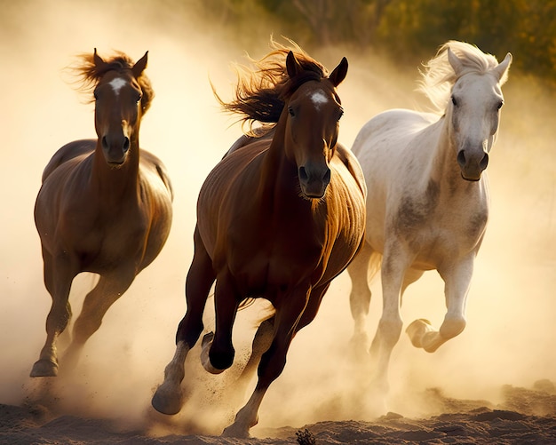 Foto un grupo de caballos corriendo por la tierra.