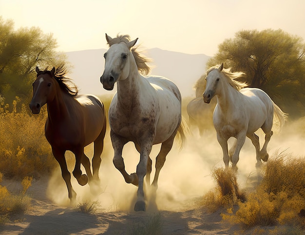 Un grupo de caballos corriendo por la tierra.