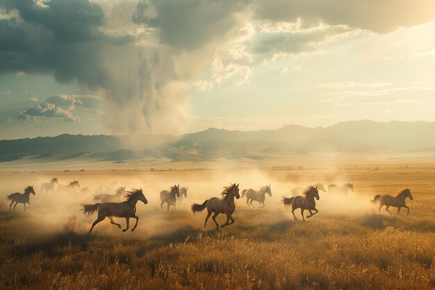 Foto grupo de caballos galopando juntos a través de un vasto p