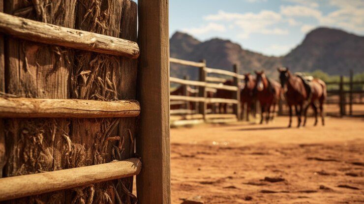 Foto grupo de caballos de pie junto a una valla de madera adecuado para diseños de granjas o rurales
