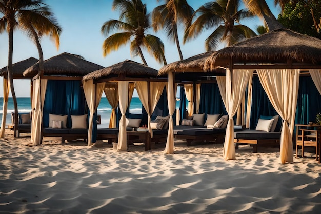 Un grupo de cabañas a la orilla de la playa, cada una adornada con cortinas y almohadas vibrantes, proporcionan un acogedor retiro.