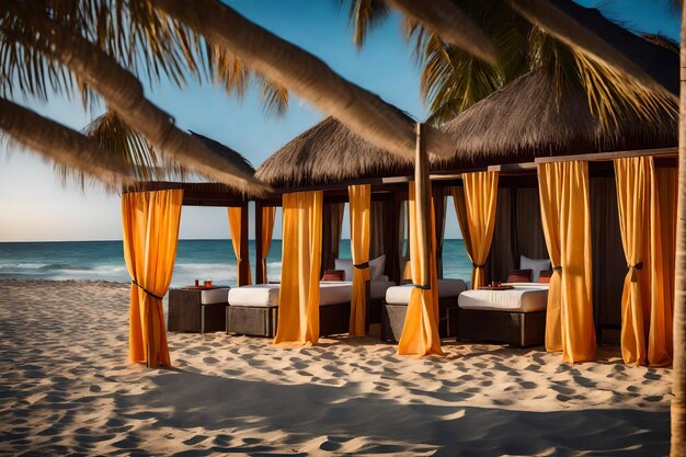 Un grupo de cabañas a la orilla de la playa, cada una adornada con cortinas y almohadas vibrantes, proporcionan un acogedor retiro.