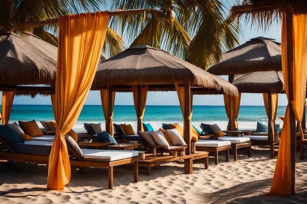 Foto un grupo de cabañas a la orilla de la playa, cada una adornada con cortinas vibrantes y almohadas que proporcionan