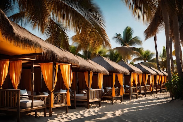 Foto un grupo de cabañas a la orilla de la playa, cada una adornada con cortinas vibrantes y almohadas que proporcionan