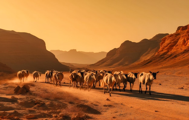 Un grupo de cabras alejándose de las montañas en un desierto aislado