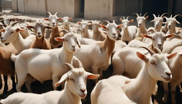 Foto un grupo de cabras con una cabra blanca en el medio