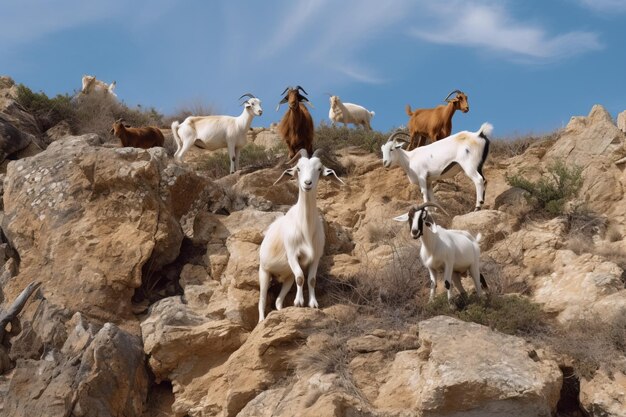 Foto un grupo de cabras en una ladera rocosa