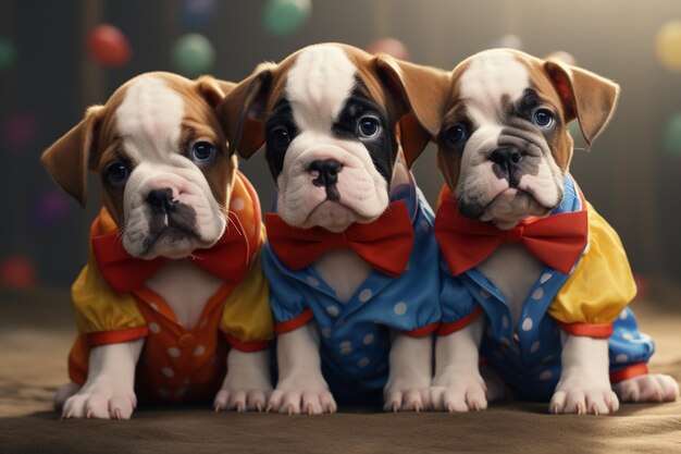 Foto un grupo de cachorros boxer juguetones con trajes de payaso 00248 01