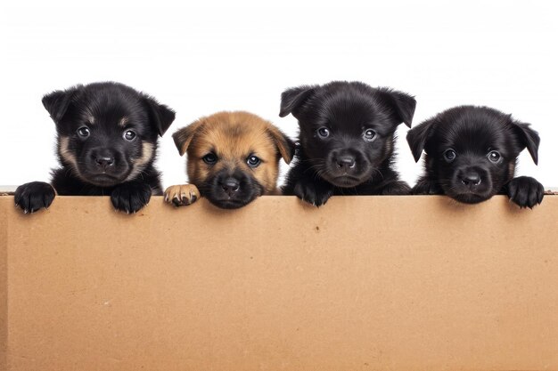 Foto grupo de cachorros detrás de una caja de cartón aislada sobre un fondo blanco