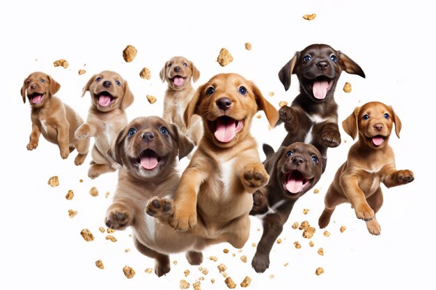 Un grupo de cachorros está saltando y comiendo un bocadillo.