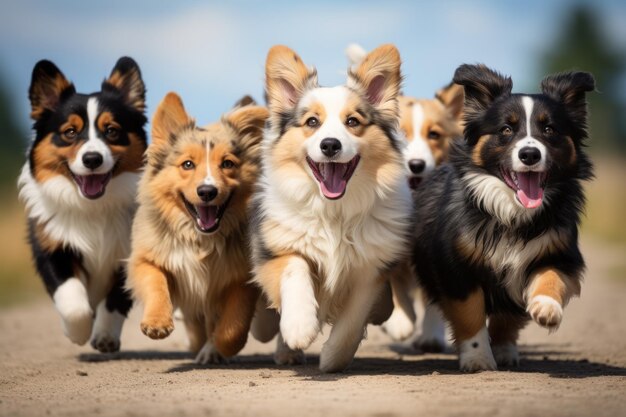 Grupo de cachorros felices corriendo en la naturaleza IA generativa