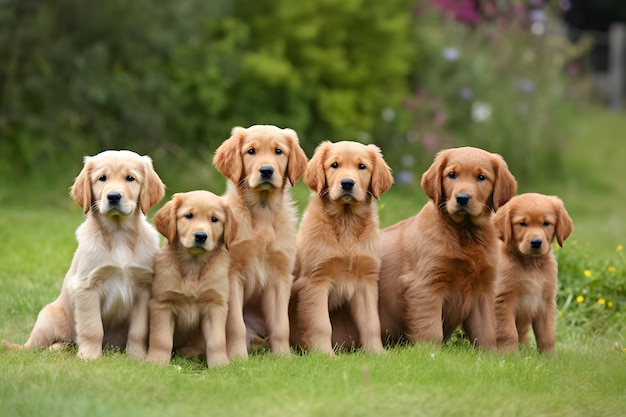 Un grupo de cachorros de golden retriever se sientan en un campo