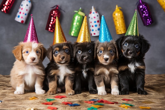 Un grupo de cachorros sonrientes aislados con sombreros de cumpleaños Foto