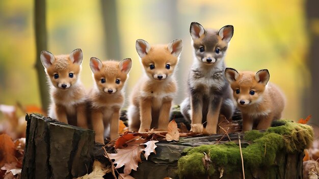 Foto un grupo de cachorros en un tronco con hojas de otoño.