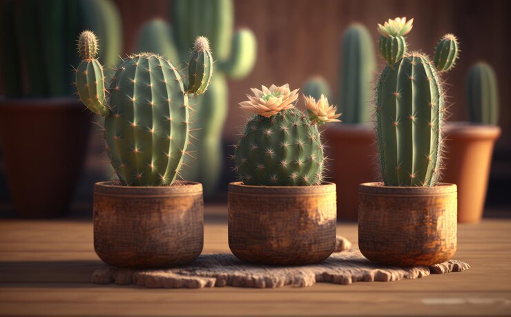 Un grupo de cactus en macetas con un fondo borroso. IA generado