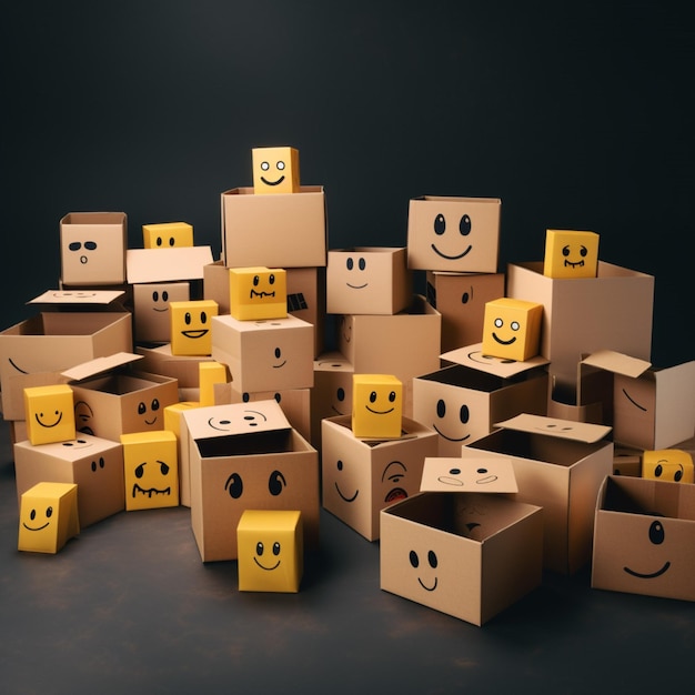 Un grupo de cajas con caras sonrientes están apiladas una encima de la otra.