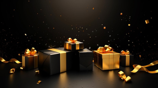 Un grupo de cajas de regalo negras y doradas con cintas doradas.