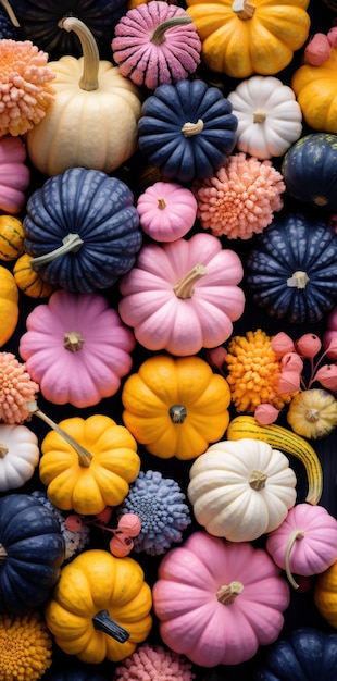 un grupo de calabazas de colores están sentadas una cerca de la otra