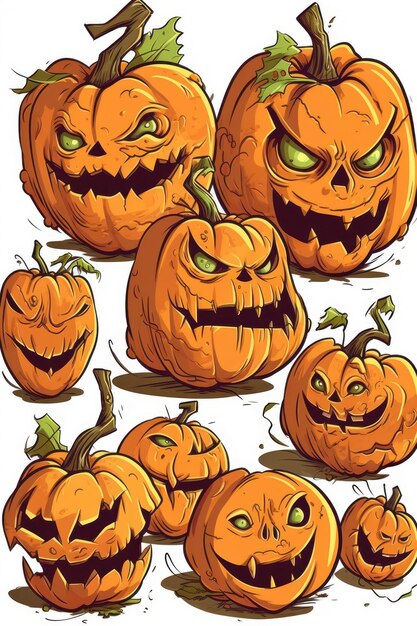 Grupo de calabazas de dibujos animados para halloween