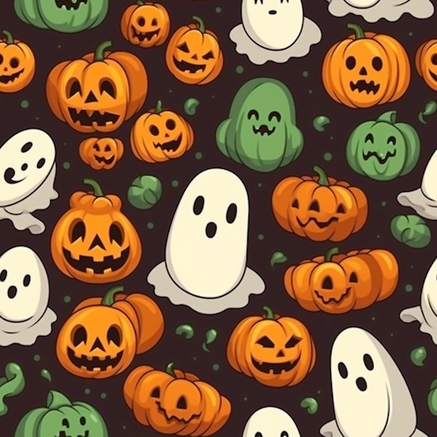Un grupo de calabazas de halloween y cabezas de fantasmas en un ai generativo de fondo negro