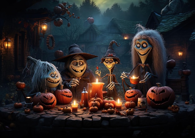 un grupo de calabazas de Halloween con una vela en el medio