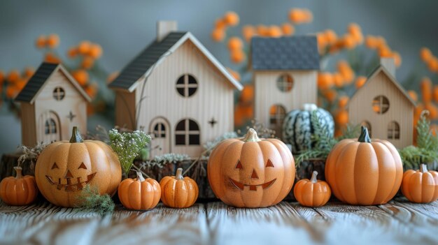 Grupo de calabazas en una mesa de madera