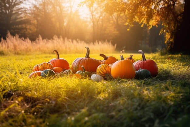 Foto grupo de calabazas de otoño en el campo al atardecer