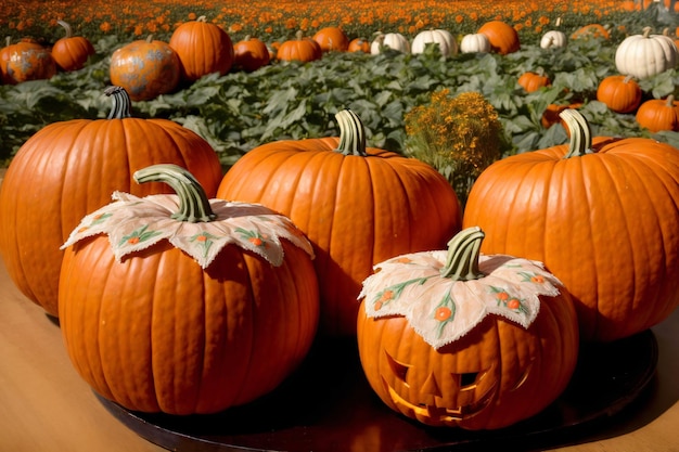 un grupo de calabazas sentado encima de una mesa