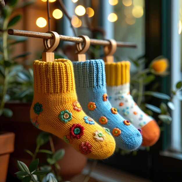 Un grupo de calcetines colgando de una línea de ropa con luces en el fondo y una planta en maceta en el