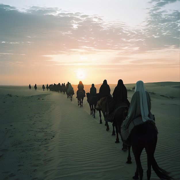 un grupo de camellos están caminando en el desierto