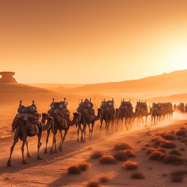 un grupo de camellos están corriendo por el desierto.