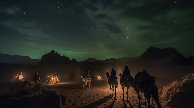 Un grupo de camellos se reúne alrededor de una fogata en el desierto bajo un cielo verde.