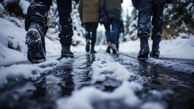 Grupo caminhando na neve