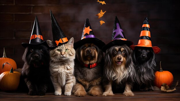 Foto grupo caprichoso de gatos e cães em chapéus de bruxas halloween pets ensemble