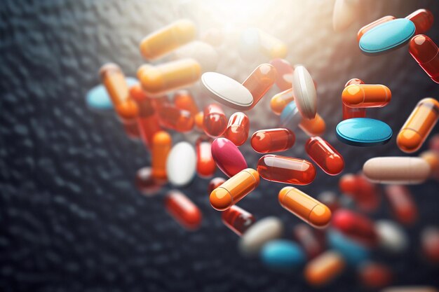 Un grupo de cápsulas de pastillas antibióticas que caen Cuidado de la salud y antecedentes de ilustración médica en 3D