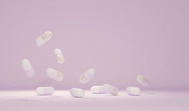 Un grupo de cápsulas de píldoras antibióticas cayendo sobre fondo rosa pastel con espacio de copia 3D Render