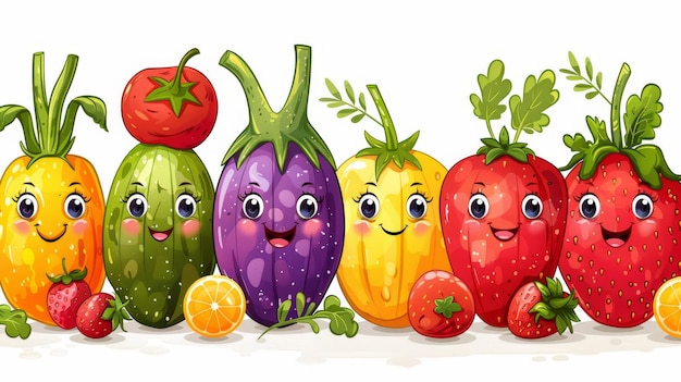 grupo de caracteres de frutas y verduras sobre un fondo blanco