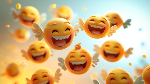Un grupo de caras emoji sonrientes con alas adjuntas Ilustración generada por IA