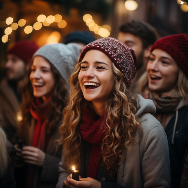 Un grupo de carolers agrupados contra el frío cantando alegremente frente a una casa decorada