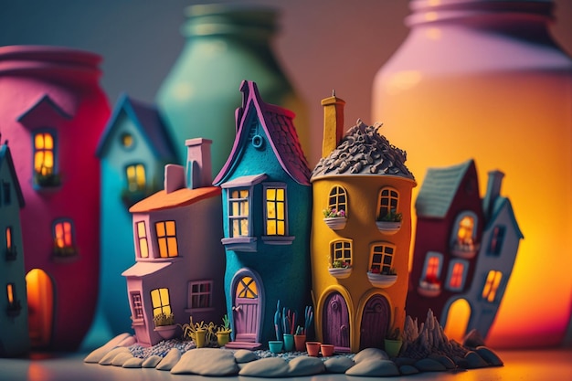 Un grupo de casas coloridas con una luz colorida detrás de ellas.
