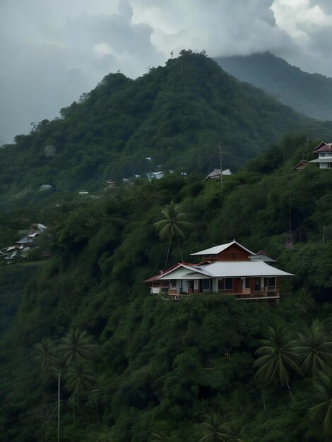 un grupo de casas sentadas en la cima de una colina verde exuberante