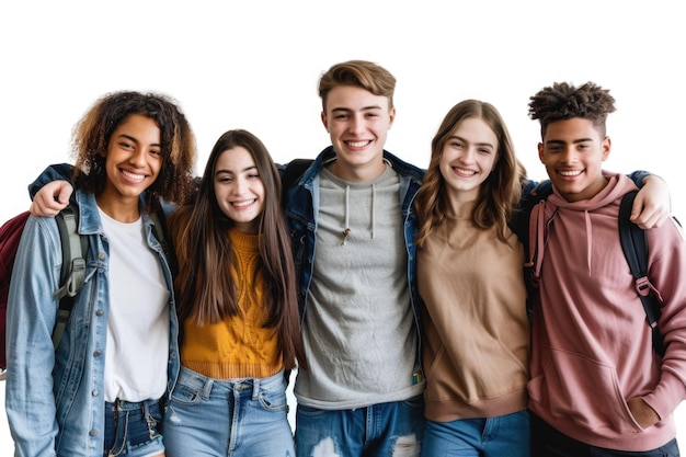 Un grupo casual de estudiantes universitarios sonriendo aislados sobre un fondo blanco