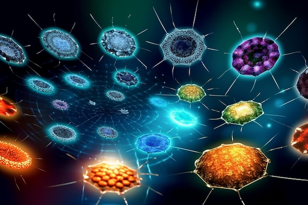 Un grupo de células con un fondo azul y una imagen multicolor de bacterias.