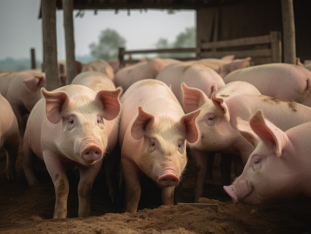 Foto grupo de cerdos en ai generativa de patio de granja