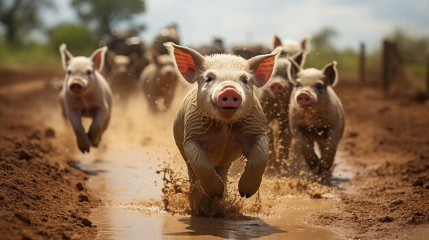 Foto un grupo de cerdos felices corriendo en el barro