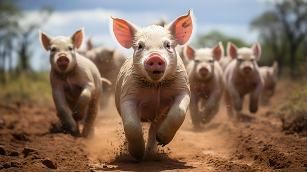 Un grupo de cerdos felices corriendo en el campo