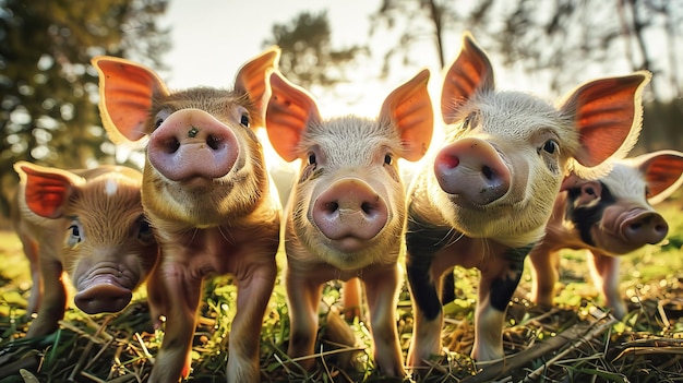 Un grupo de cerdos de pie en lo alto de un campo de hierba seca en el campo