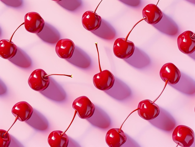 Un grupo de cerezas rojas sobre un fondo rosa