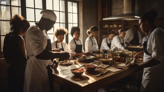 Un grupo de chefs prepara la comida en una cocina.