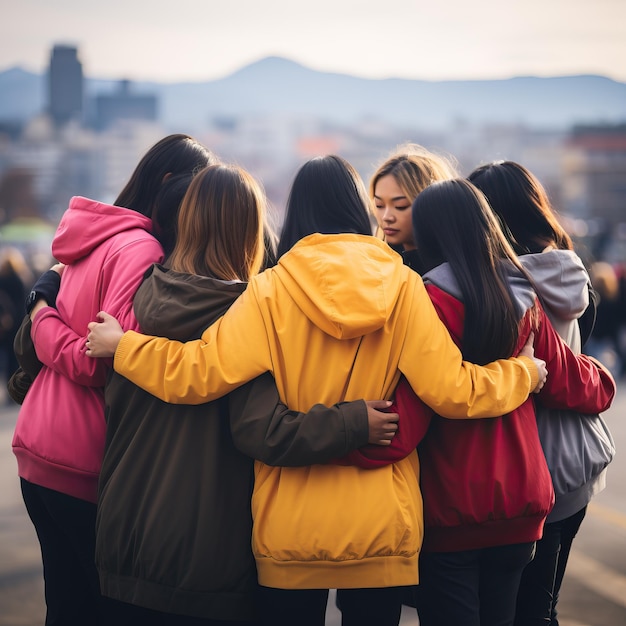 un grupo de chicas abrazándose y abrazándose al fondo